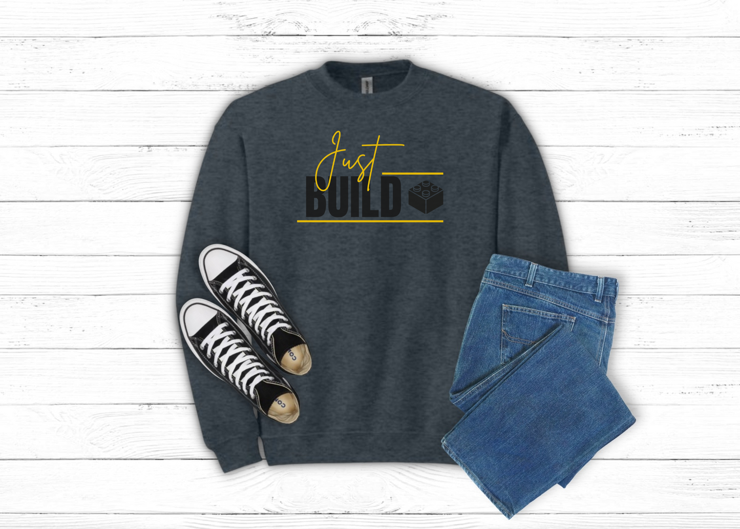 Yellow Just Build, LEGO Inspired Crewneck Sweatshirt