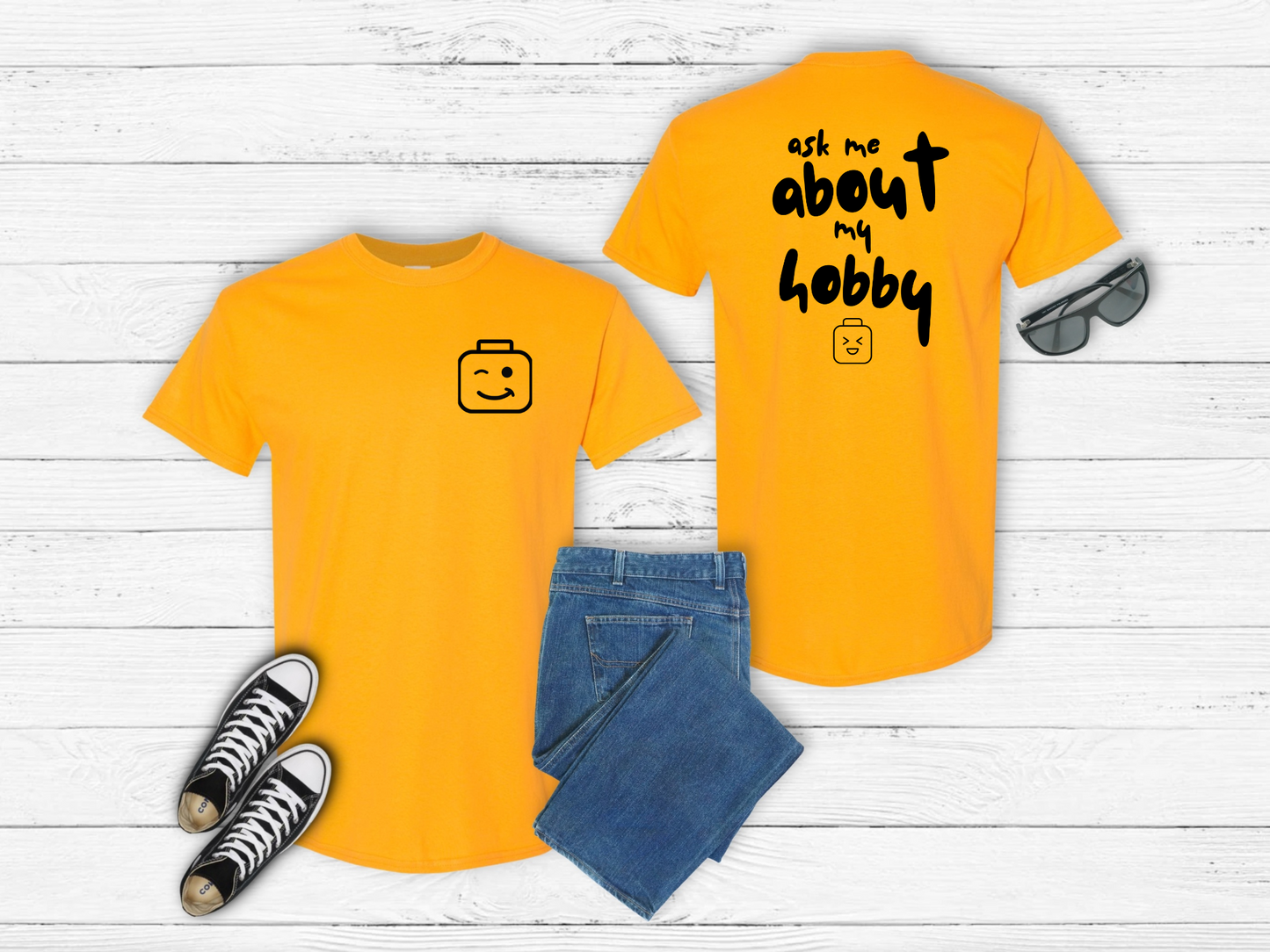 Ask Me About My Hobby with Brick Head, LEGO Inspired Shirt