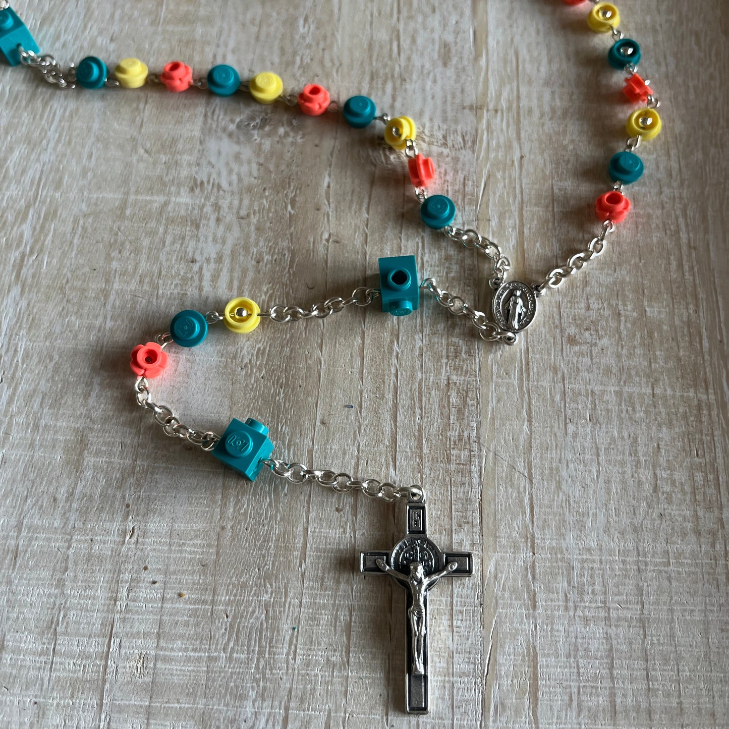 Coral, Dark Turquoise, and Bright Light Yellow Rosary