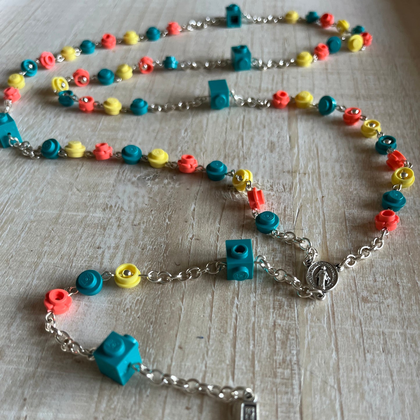 Coral, Dark Turquoise, and Bright Light Yellow Rosary