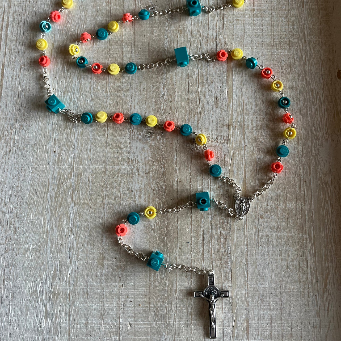 Coral, Dark Turquoise, and Bright Light Yellow Rosary